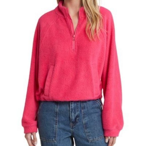 BP. Cropped Fleece Half Zip Pullover Faux Fur Hot Pink NWOT - Picture 1 of 9